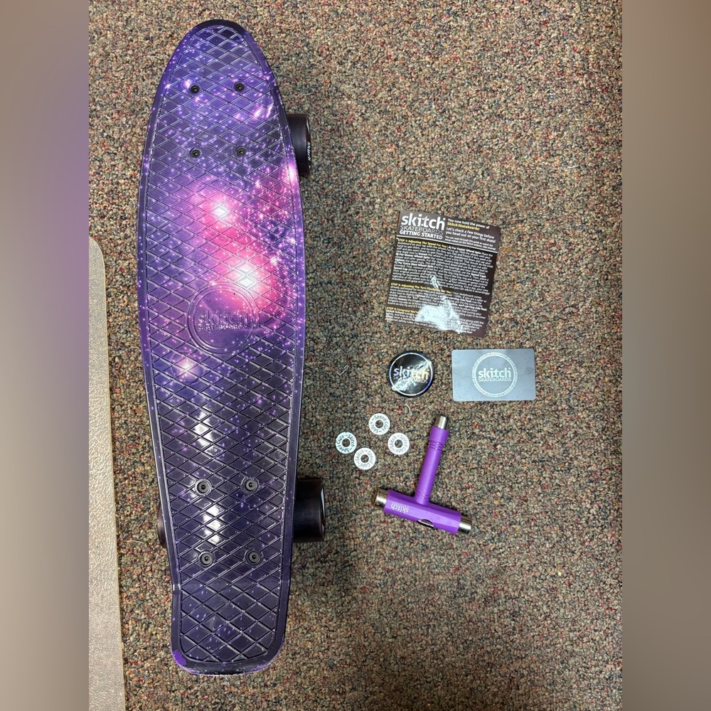 Skitch Purple Galaxy Kids Cruiser Skateboard with Accessories